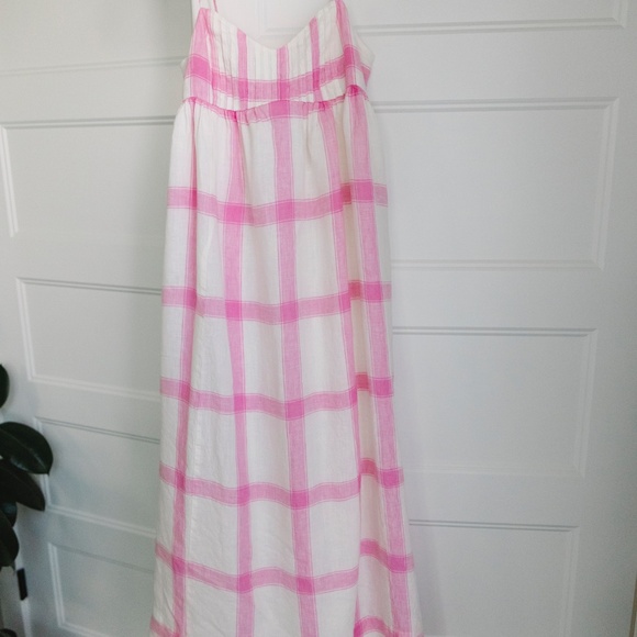 Anthropologie Maeve X-Small Plaid Linen Tie-Back Maxi Dress Bohemian Pink White - Picture 7 of 7